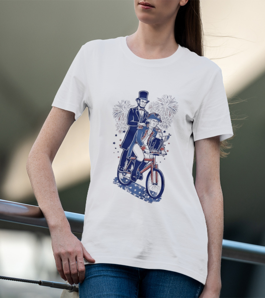 Abraham Lincoln George Washington Eagle Bicycle Fireworks Celebration T-Shirt