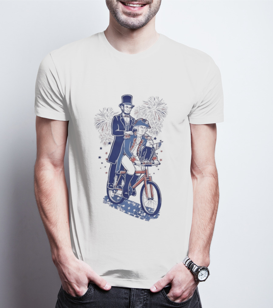 Abraham Lincoln George Washington Eagle Bicycle Fireworks Celebration T-Shirt