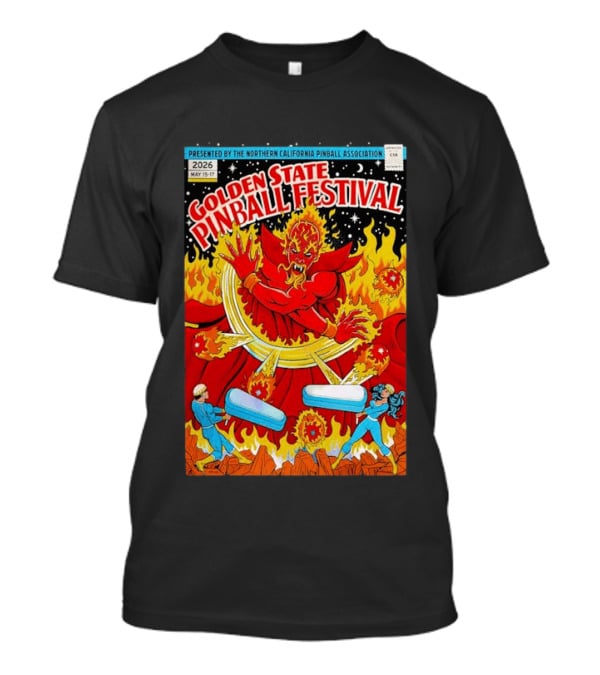 Golden State Pinball Festival Northern California May 2026 Fire Demon Battle T-Shirt