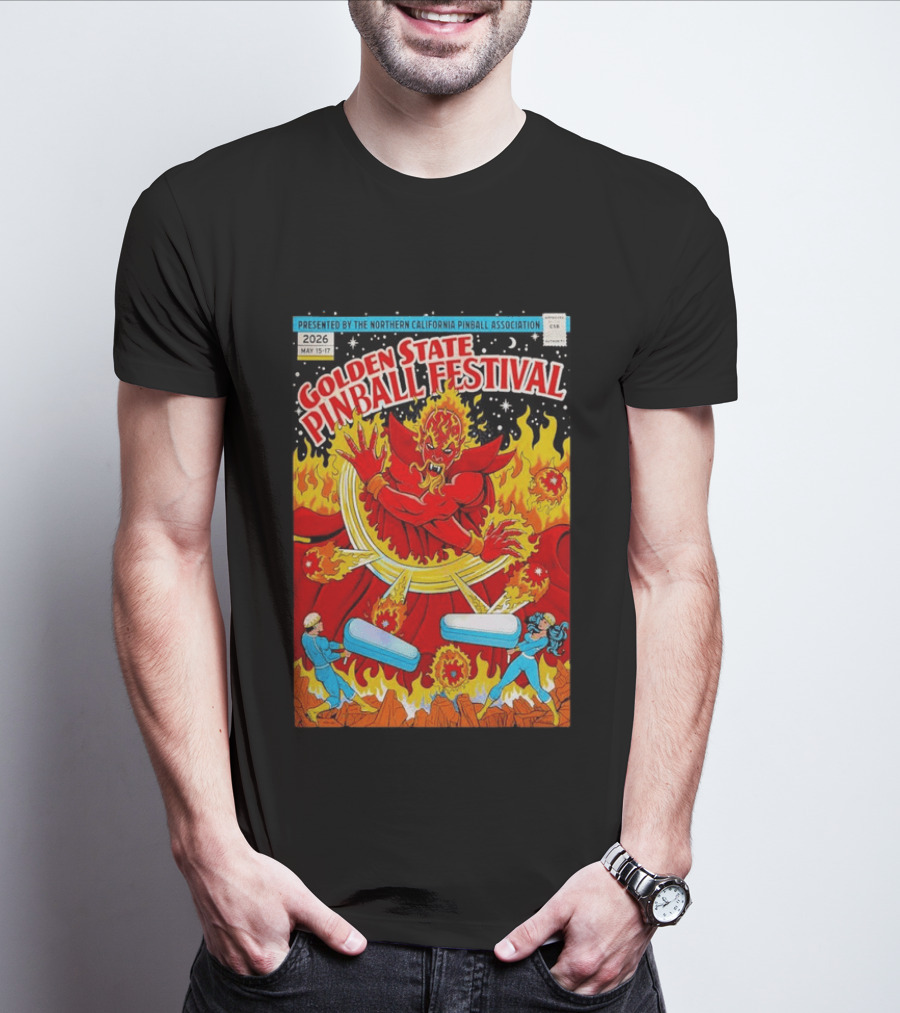Golden State Pinball Festival Northern California May 2026 Fire Demon Battle T-Shirt