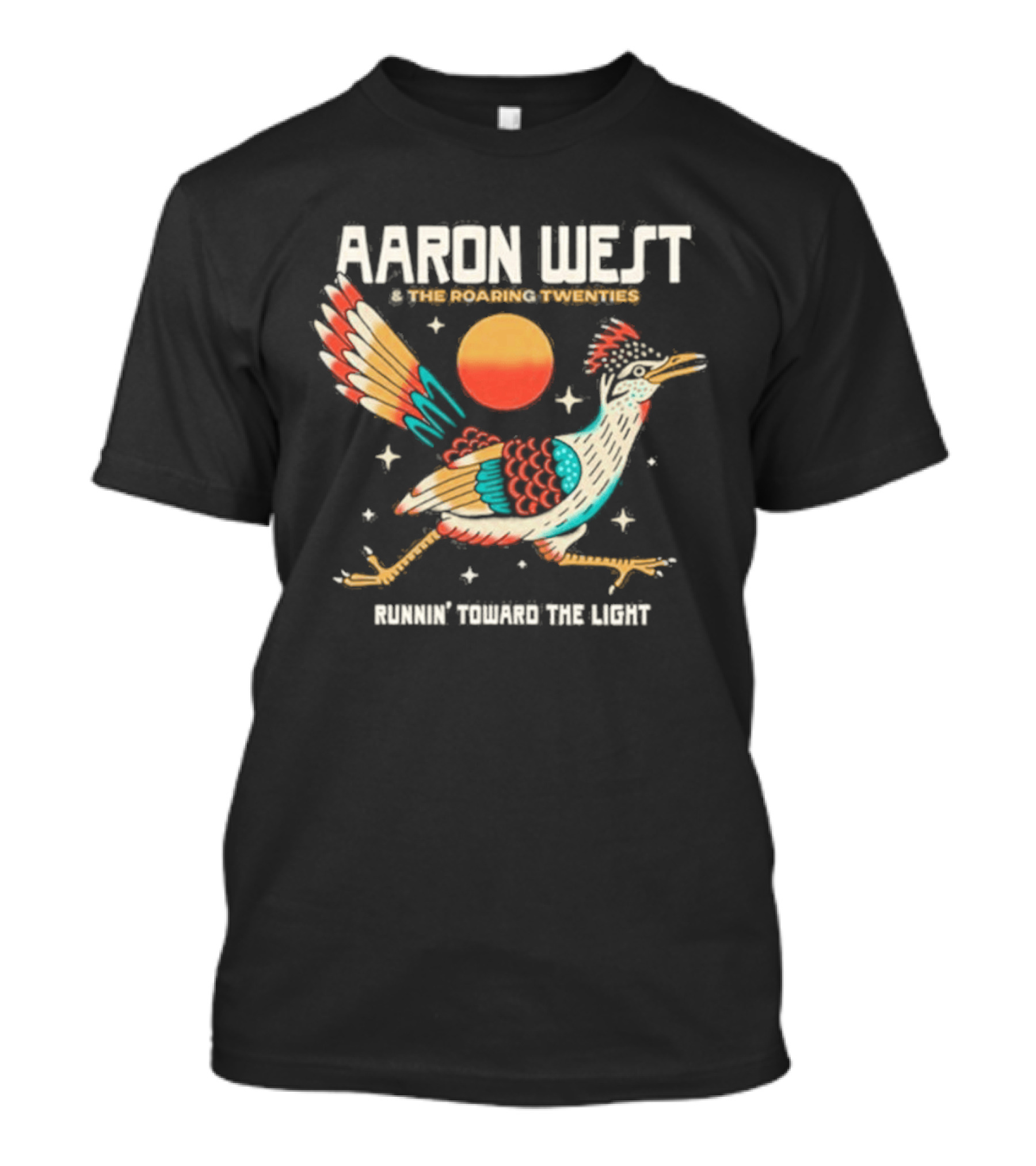 Aaron West & The Roaring Twenties Runnin' Toward The Light Colorful Bird And Orange Sun T-Shirt
