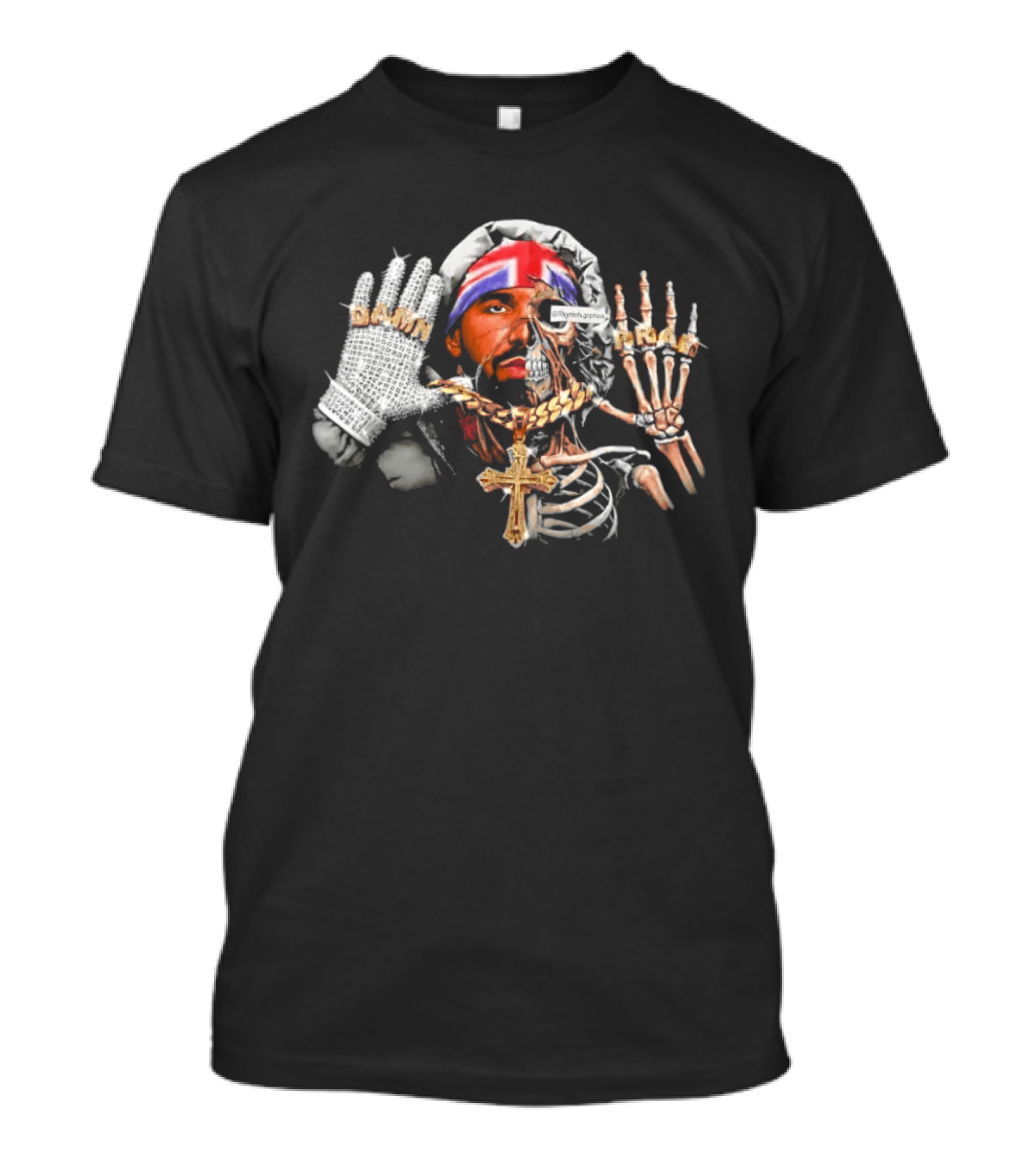 Damn Pray Skeleton Half Face Union Jack Diamond Glove Cross Necklace T-Shirt