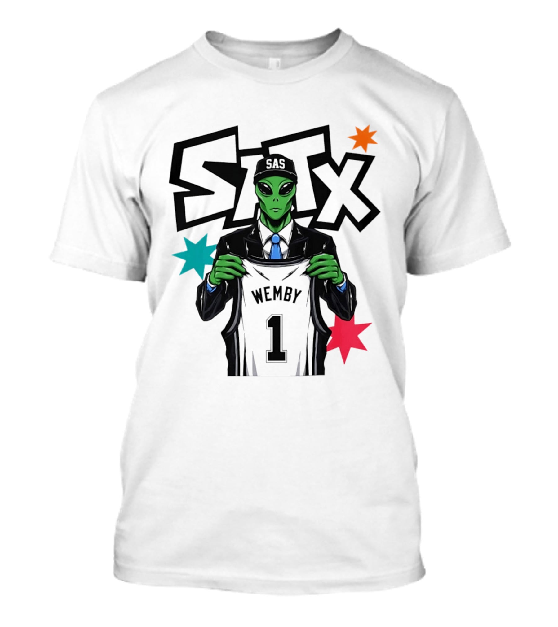 STX SAS Alien Wemby Holding Spurs Jersey Victor Wembanyama T-Shirt