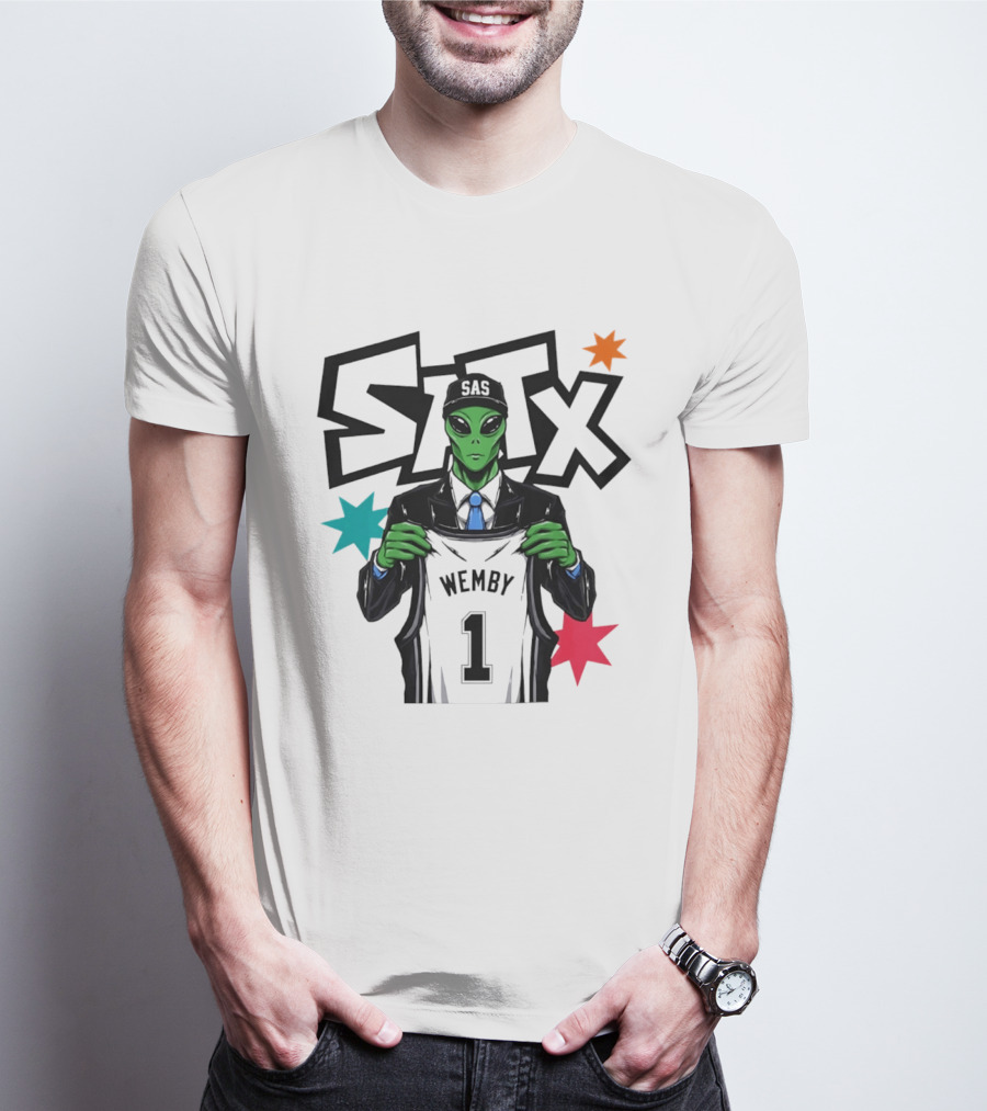 STX SAS Alien Wemby Holding Spurs Jersey Victor Wembanyama T-Shirt