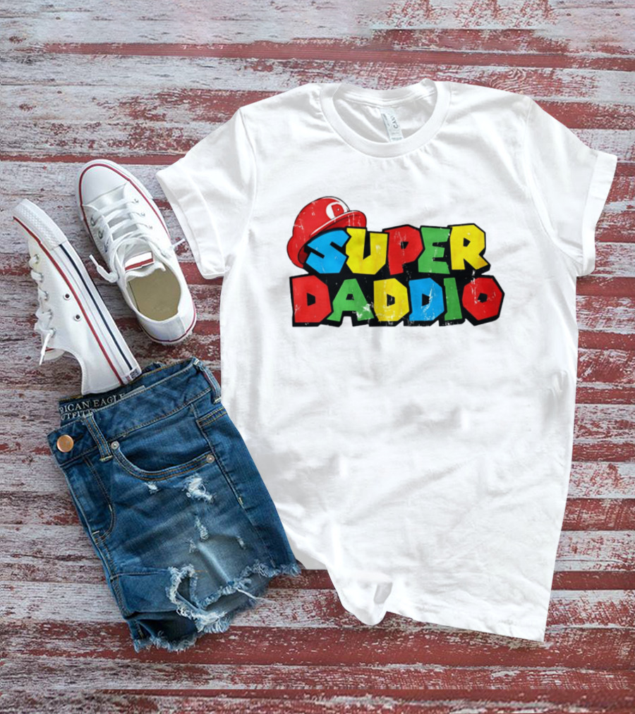 Super Daddio Mario Cartoon Colorful Text With Red Hat T-Shirt