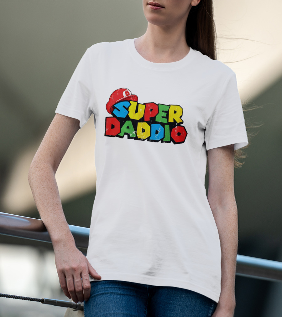 Super Daddio Mario Cartoon Colorful Text With Red Hat T-Shirt