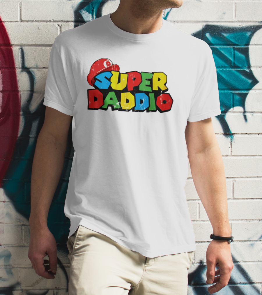 Super Daddio Mario Cartoon Colorful Text With Red Hat T-Shirt