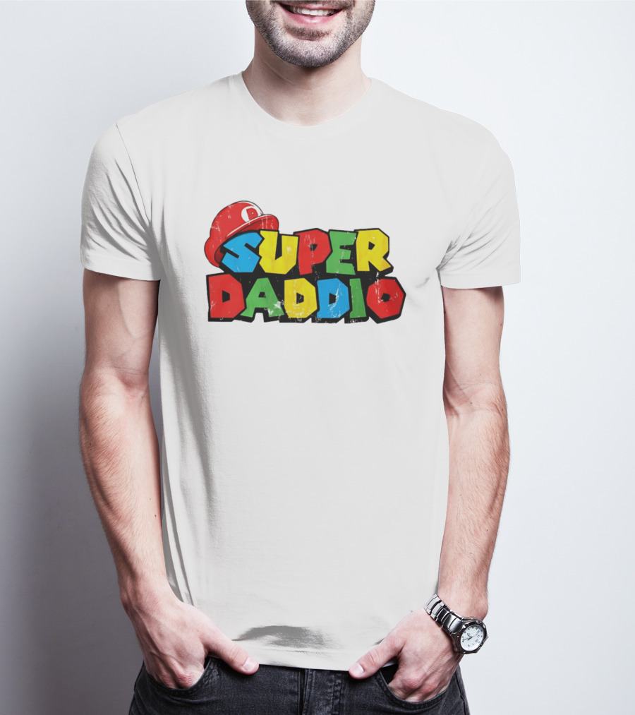 Super Daddio Mario Cartoon Colorful Text With Red Hat T-Shirt
