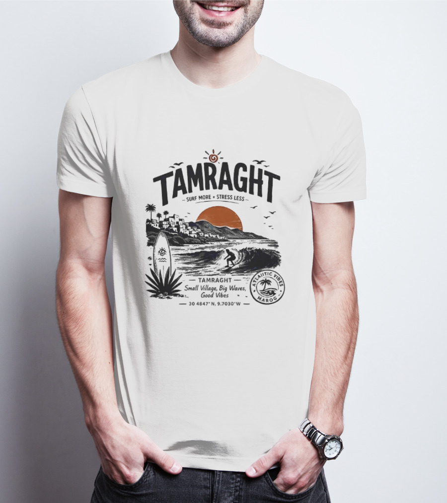 Tamraght Surf More Stress Less 2026 Sunset Palm Trees Good Vibes Agadir Coordinates T-Shirt