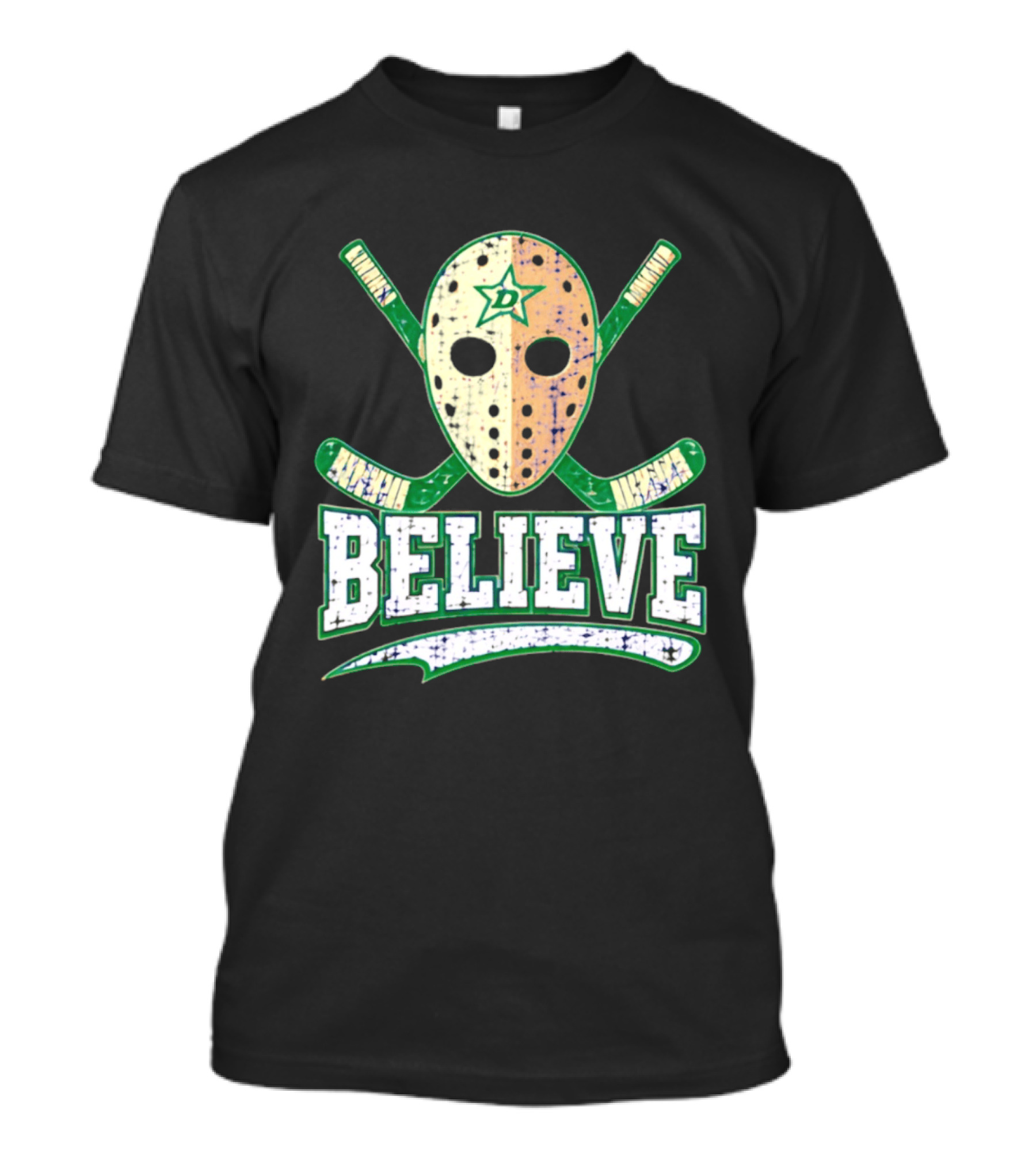 Dallas Stars Believe Hockey Mask Crossed Sticks T-Shirt