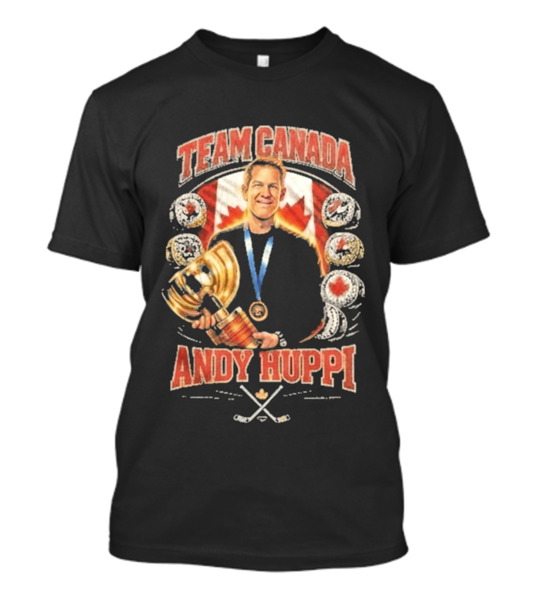 Team Canada Andy Huppi Hockey Champion Canada Flag Medal Trophy Celebration T-Shirt