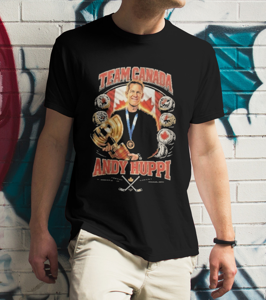 Team Canada Andy Huppi Hockey Champion Canada Flag Medal Trophy Celebration T-Shirt