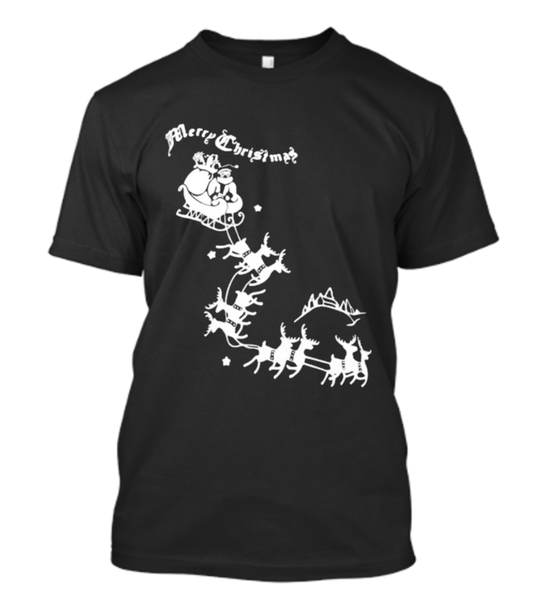 Merry Christmas Santa Sleigh Reindeer In Night Sky With Mountains Isla Gordon T-Shirt