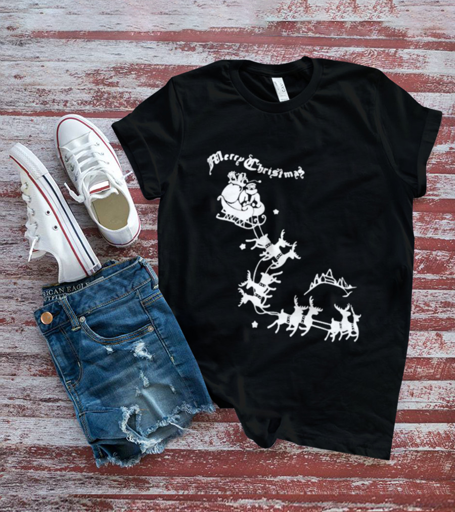 Merry Christmas Santa Sleigh Reindeer In Night Sky With Mountains Isla Gordon T-Shirt