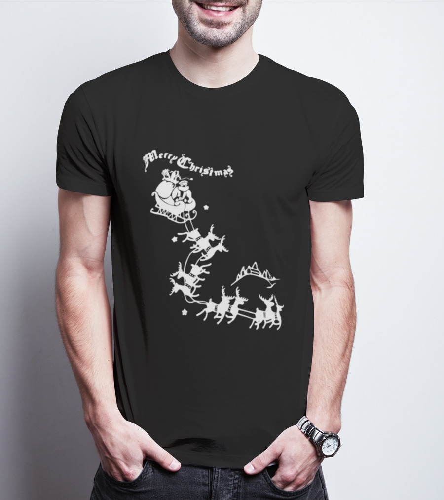 Merry Christmas Santa Sleigh Reindeer In Night Sky With Mountains Isla Gordon T-Shirt