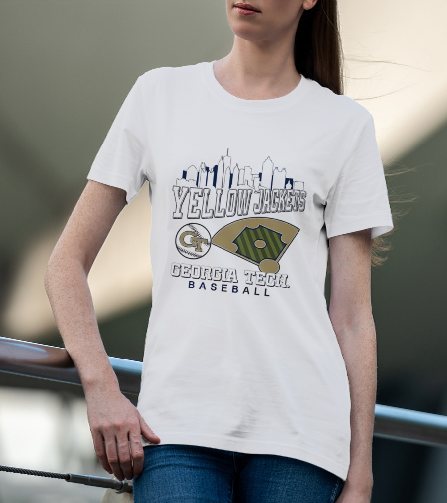 Georgia Tech Yellow Jackets Baseball City Skyline With GT Emblem And Field T-Shirt