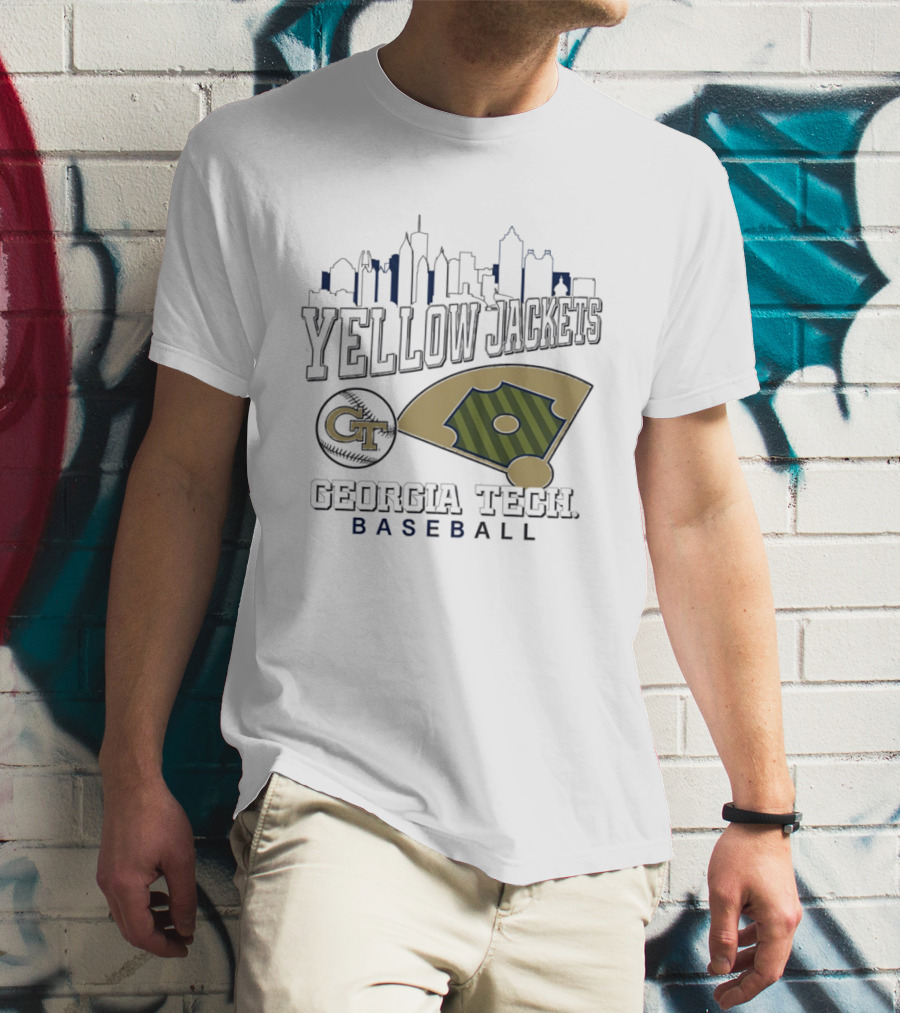 Georgia Tech Yellow Jackets Baseball City Skyline With GT Emblem And Field T-Shirt