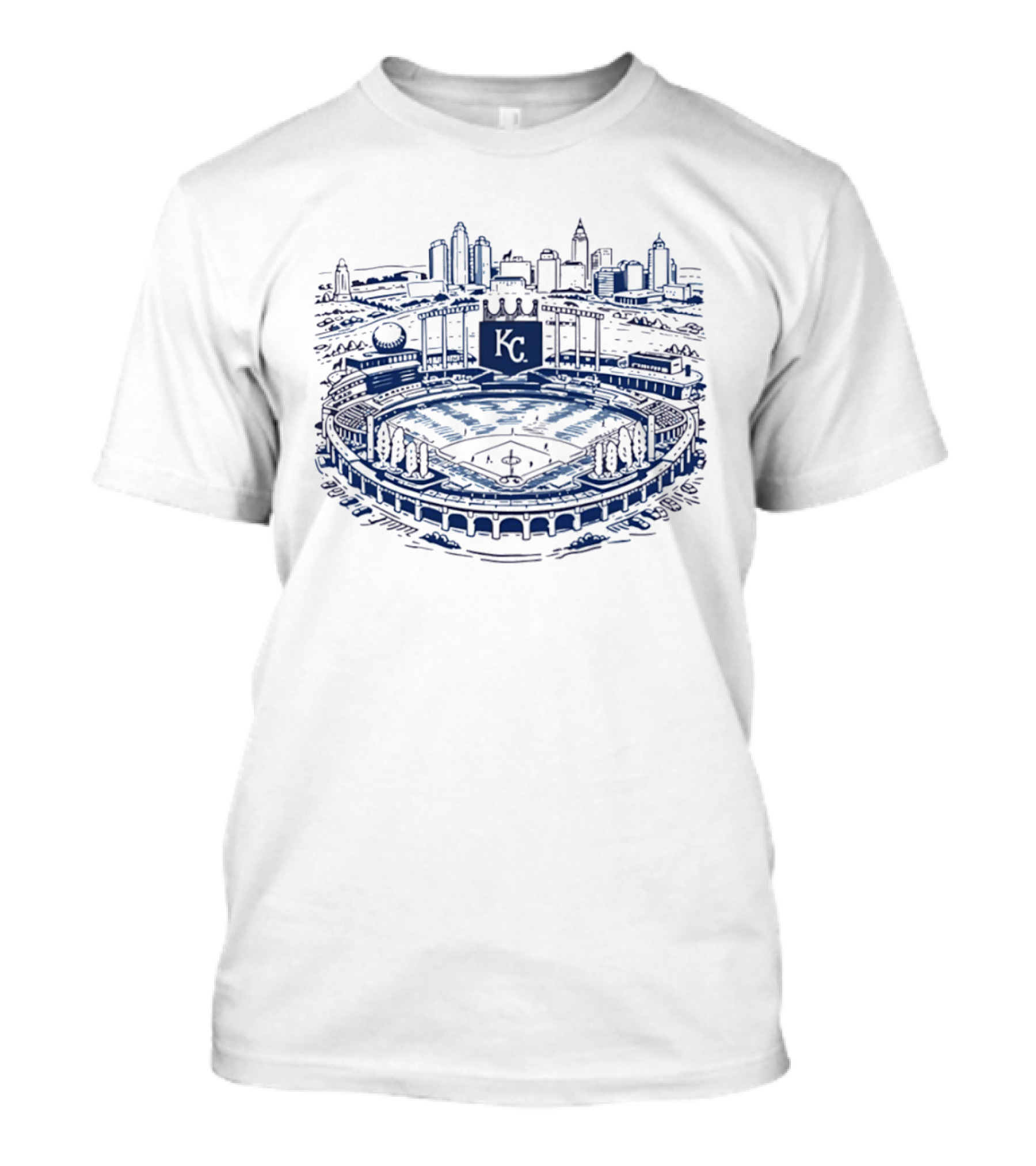 Kansas City Royals Kauffman Stadium Skyline Art Baseball Scene T-Shirt