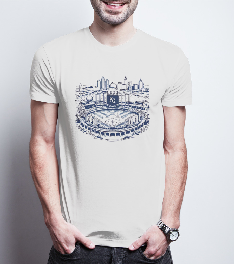 Kansas City Royals Kauffman Stadium Skyline Art Baseball Scene T-Shirt