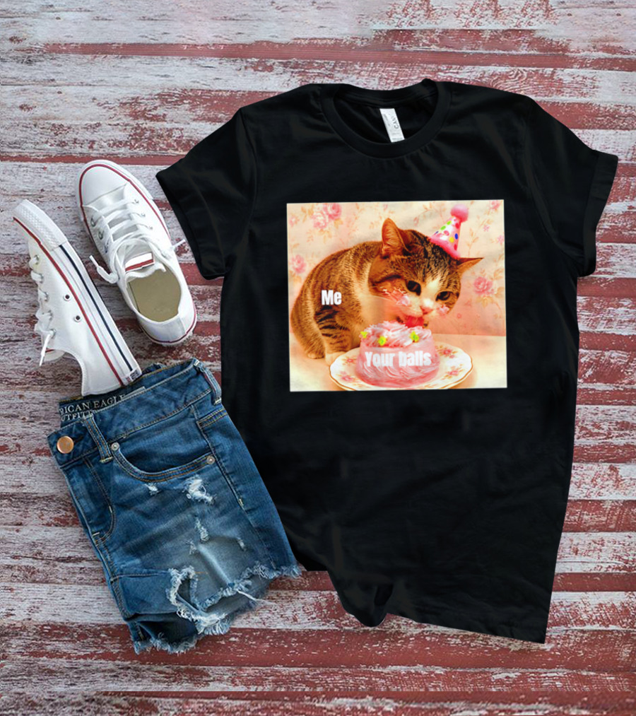 Me Your Balls Cat Eating Cake Party Hat T-Shirt