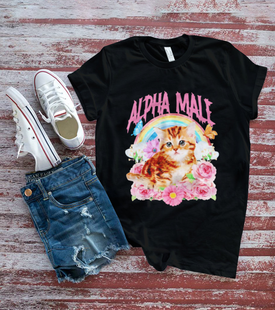 Alpha Male Kitten Rainbow Butterfly Floral Roses T-Shirt
