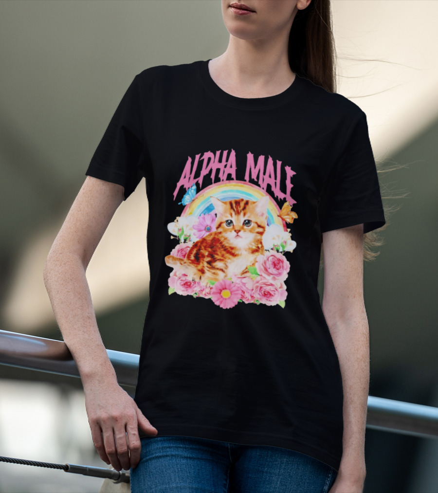 Alpha Male Kitten Rainbow Butterfly Floral Roses T-Shirt