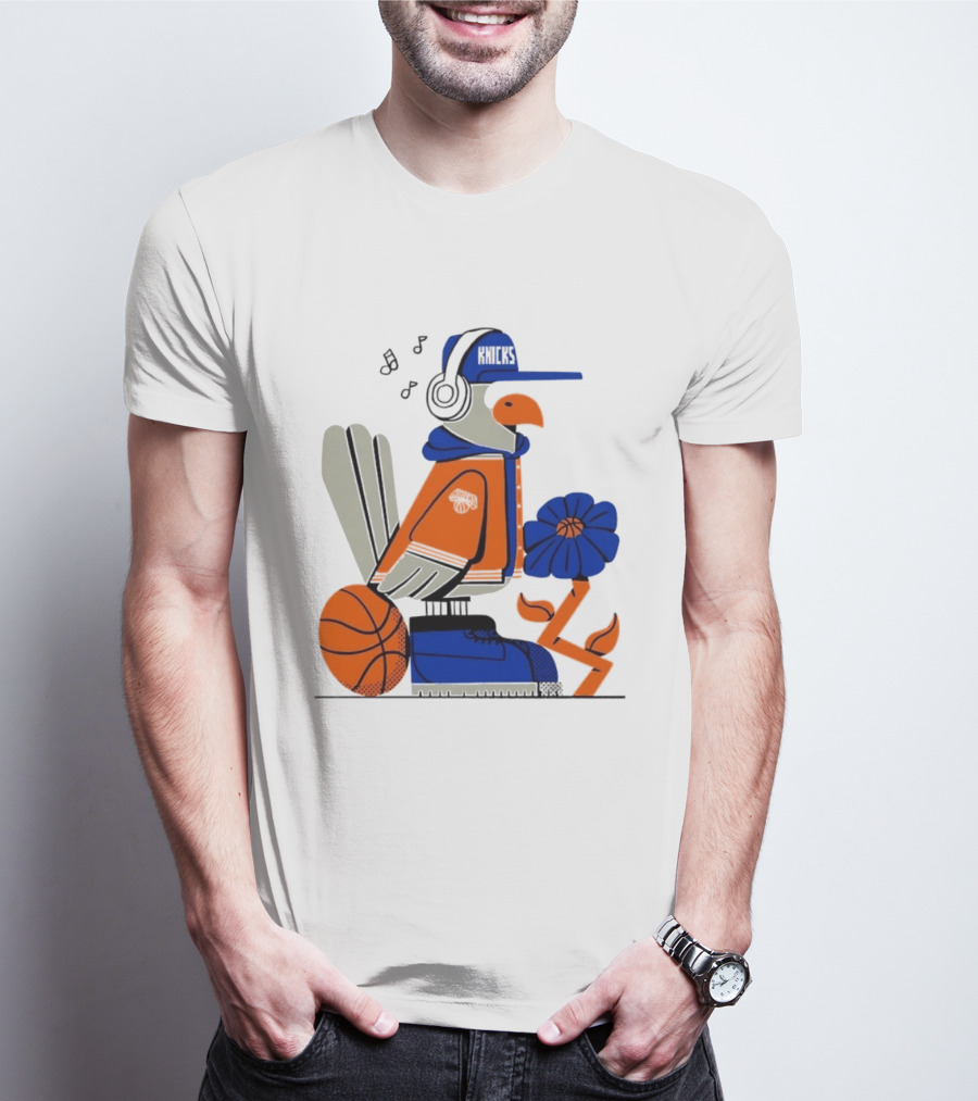 New York Knicks Go Go Go Bird With Cap And Basketball T-Shirt