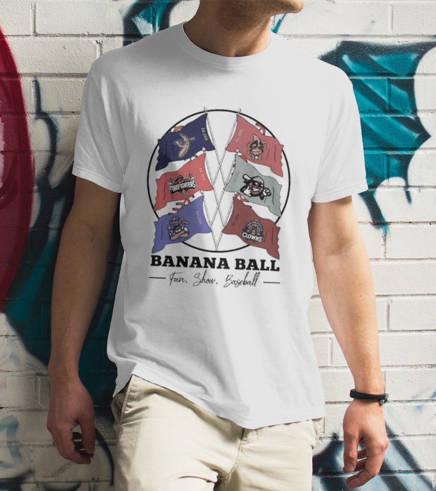 Banana Ball Fun Show Baseball Red And Blue Flags 2026 T-Shirt