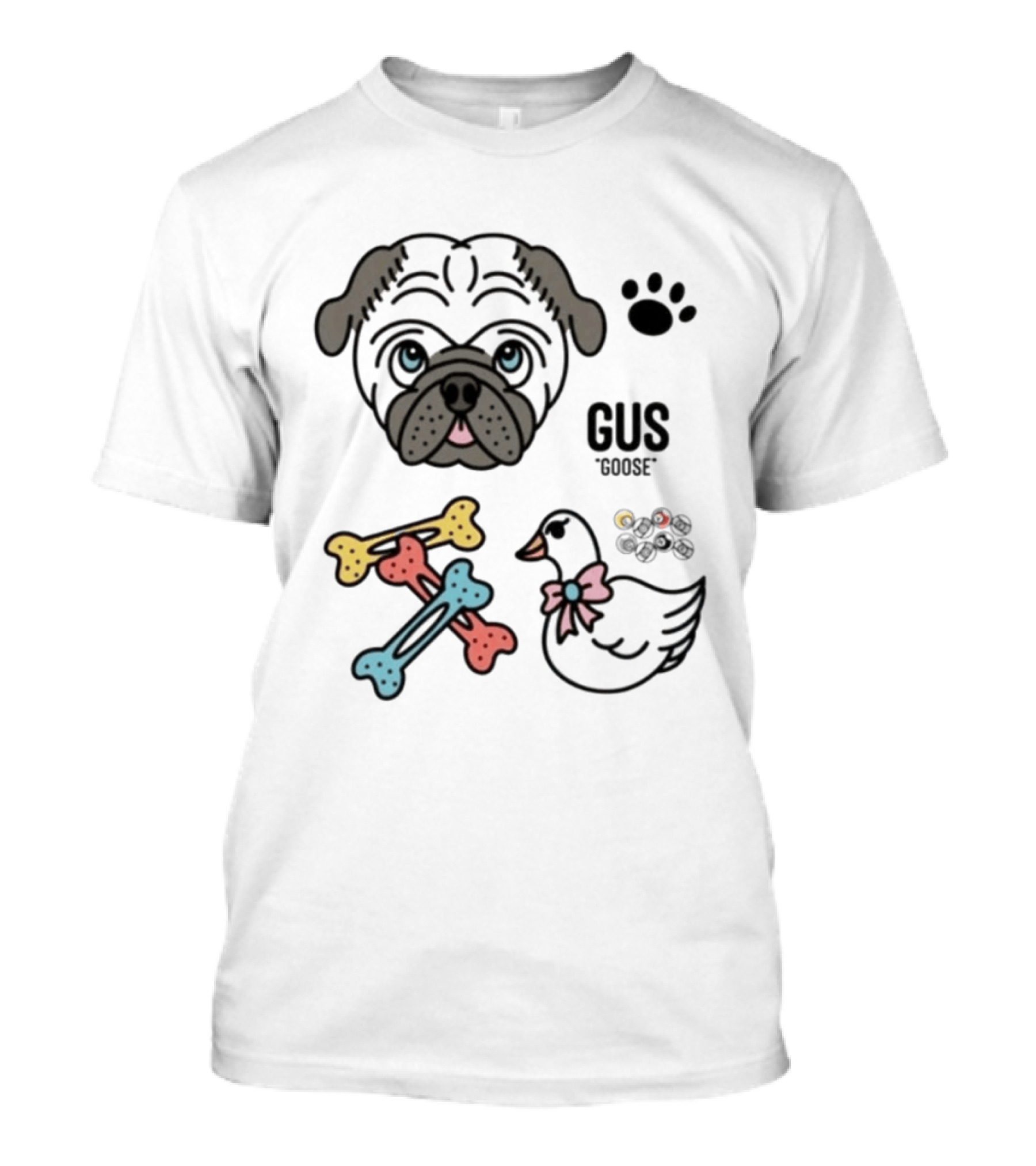 Pug Gus Goose Paw Print Bones And Bowed Goose T-Shirt