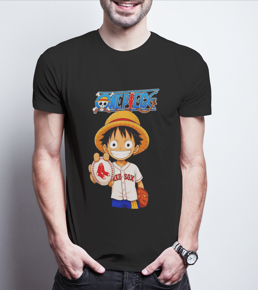 Monkey D. Luffy Red Sox One Piece Crossover Boston Baseball Collaboration T-Shirt