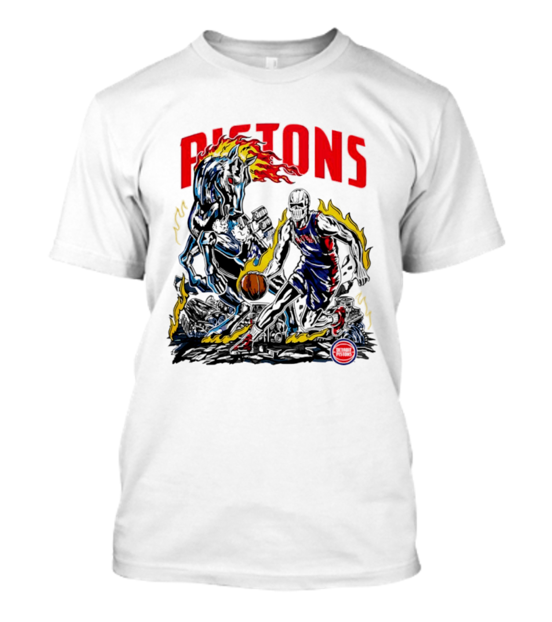 Detroit Pistons Skull Basketball Horse Flames Robot T-Shirt