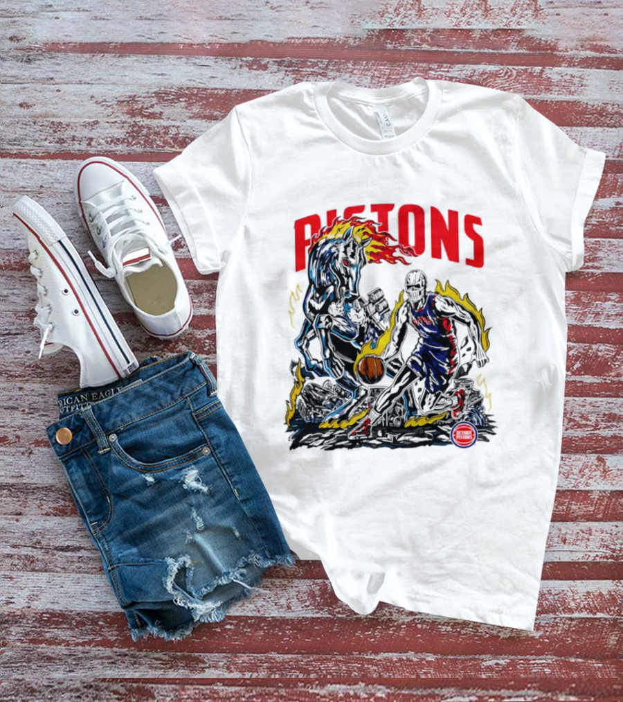 Detroit Pistons Skull Basketball Horse Flames Robot T-Shirt