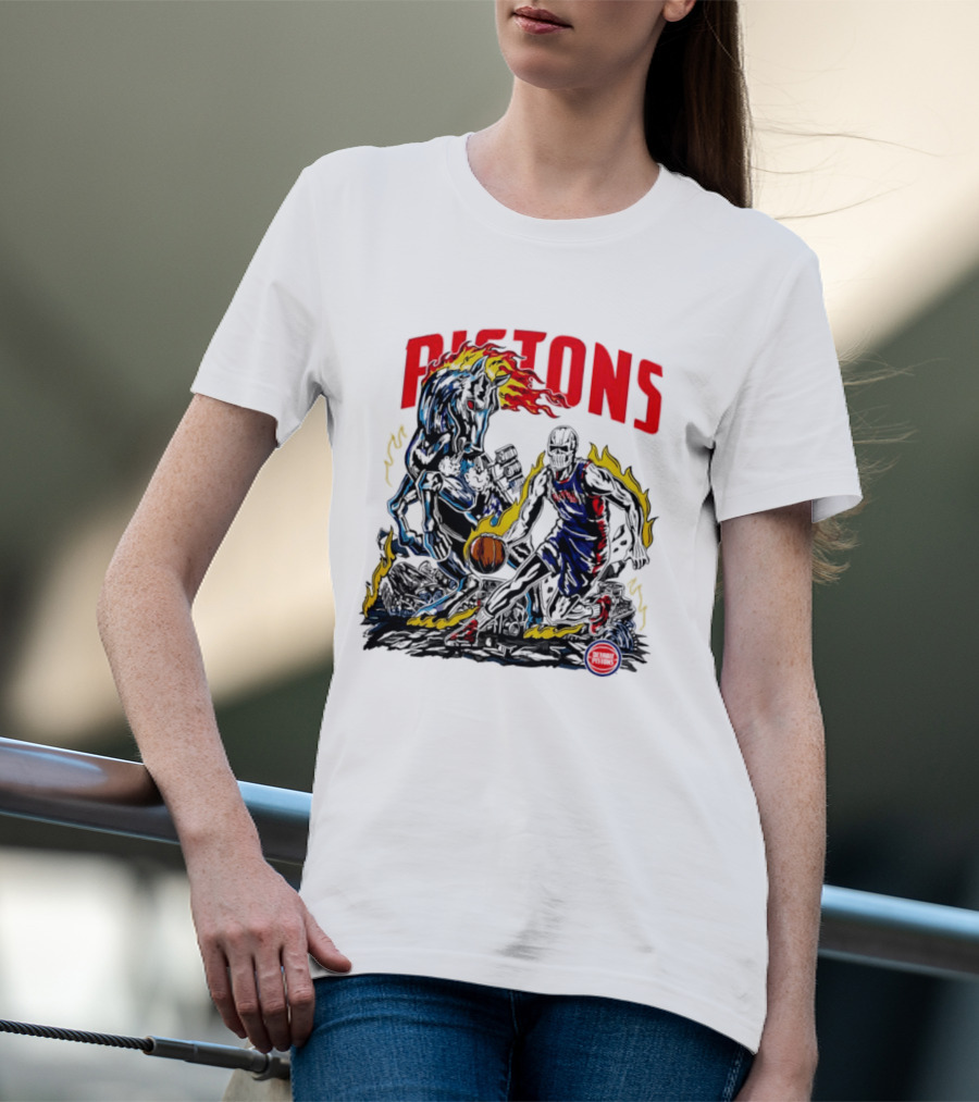 Detroit Pistons Skull Basketball Horse Flames Robot T-Shirt