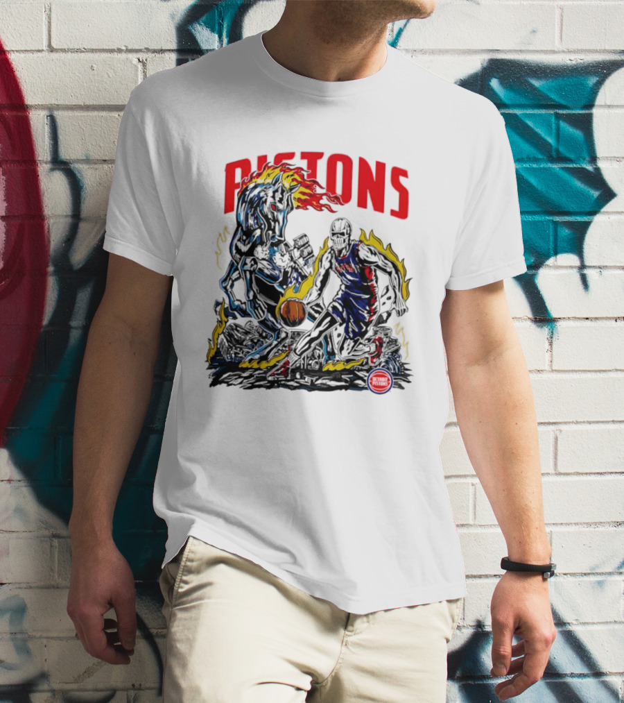 Detroit Pistons Skull Basketball Horse Flames Robot T-Shirt