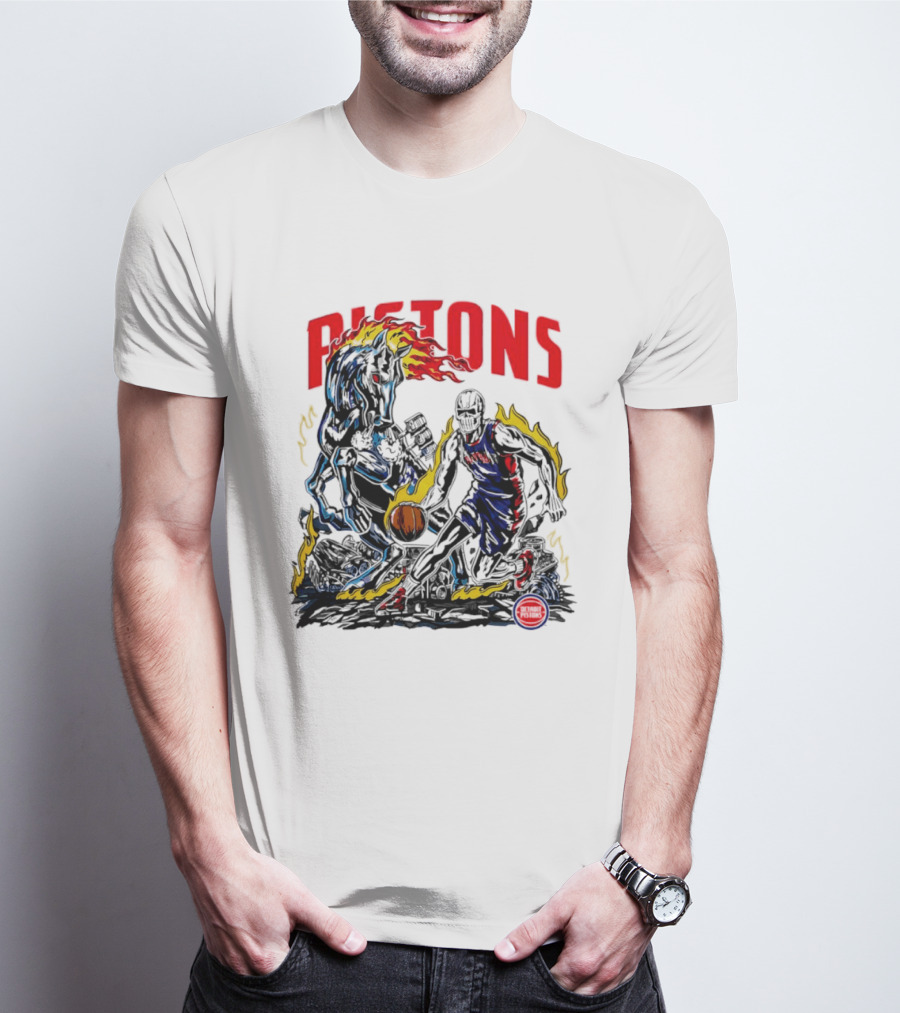 Detroit Pistons Skull Basketball Horse Flames Robot T-Shirt