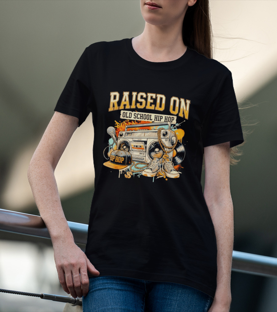 Raised On Old School Hip Hop Boombox Sneakers Microphone Cap Vinyl T-Shirt
