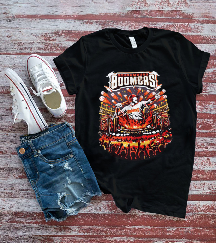 Schaumburg Boomers Flaming Baseball Batter Stadium Fireworks T-Shirt