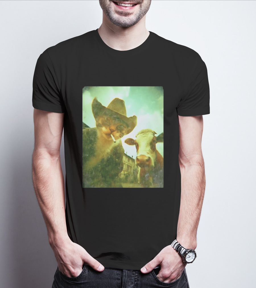 Cowboy Cat Smoking With Cow T-Shirt