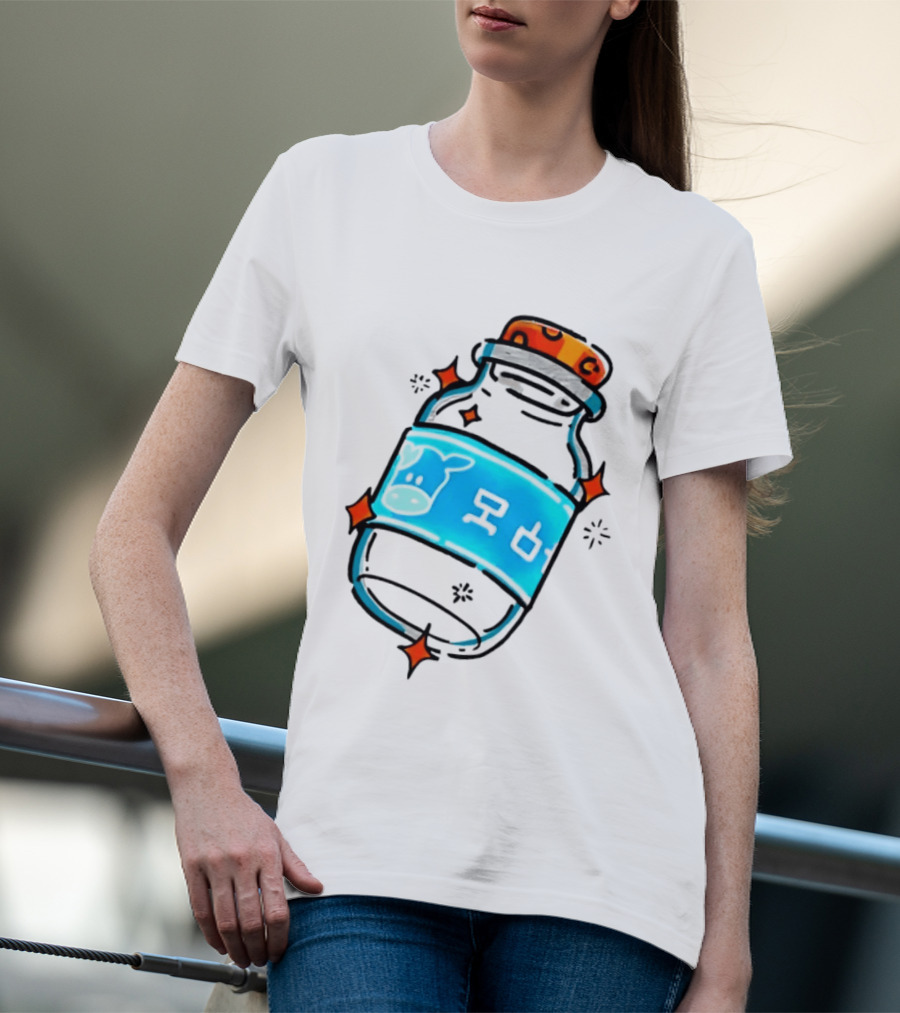 Fresh Milk Bottle With Blue Cow Label And Orange Cap T-Shirt