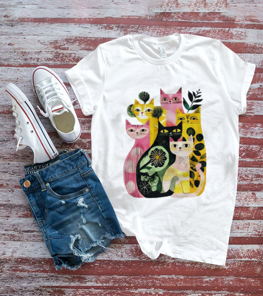 Vibrant Stylized Cats Botanical Foliage Whimsical T-Shirt