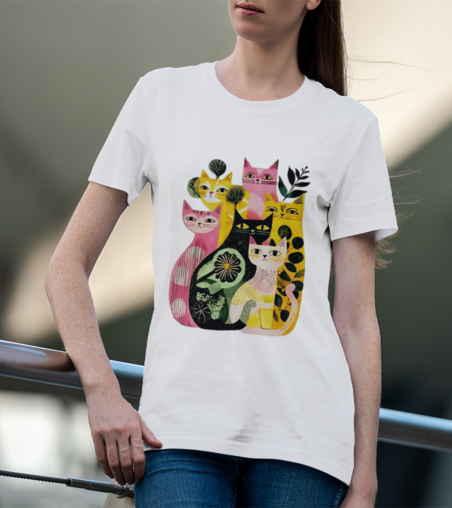 Vibrant Stylized Cats Botanical Foliage Whimsical T-Shirt