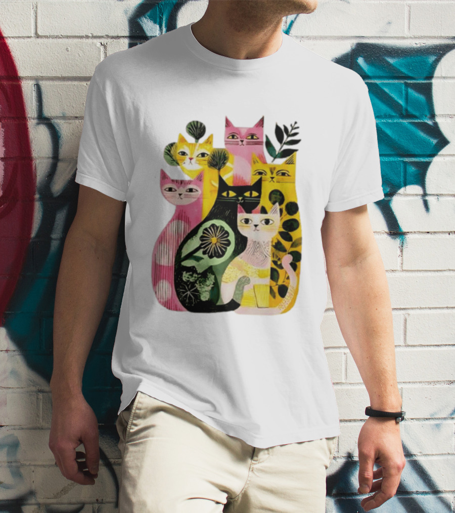 Vibrant Stylized Cats Botanical Foliage Whimsical T-Shirt