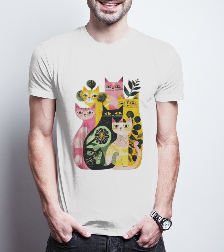 Vibrant Stylized Cats Botanical Foliage Whimsical T-Shirt