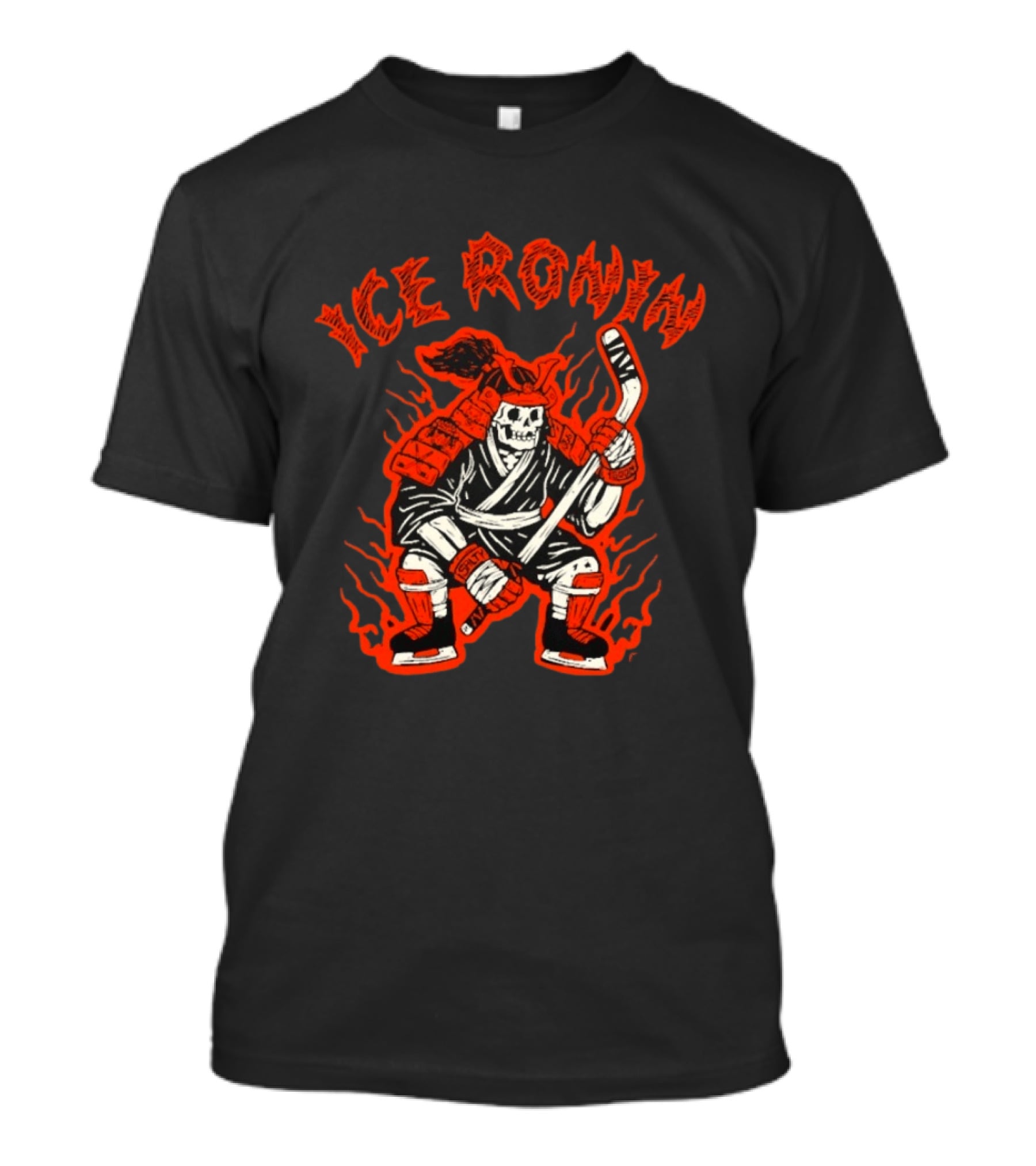 Ice Ronin Samurai Skull Hockey Stick Flames T-Shirt