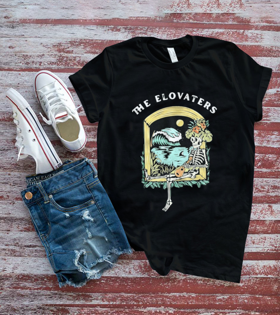 The Elovaters Endless Summer Skeleton Surfing Ukulele Moonlight Scene T-Shirt
