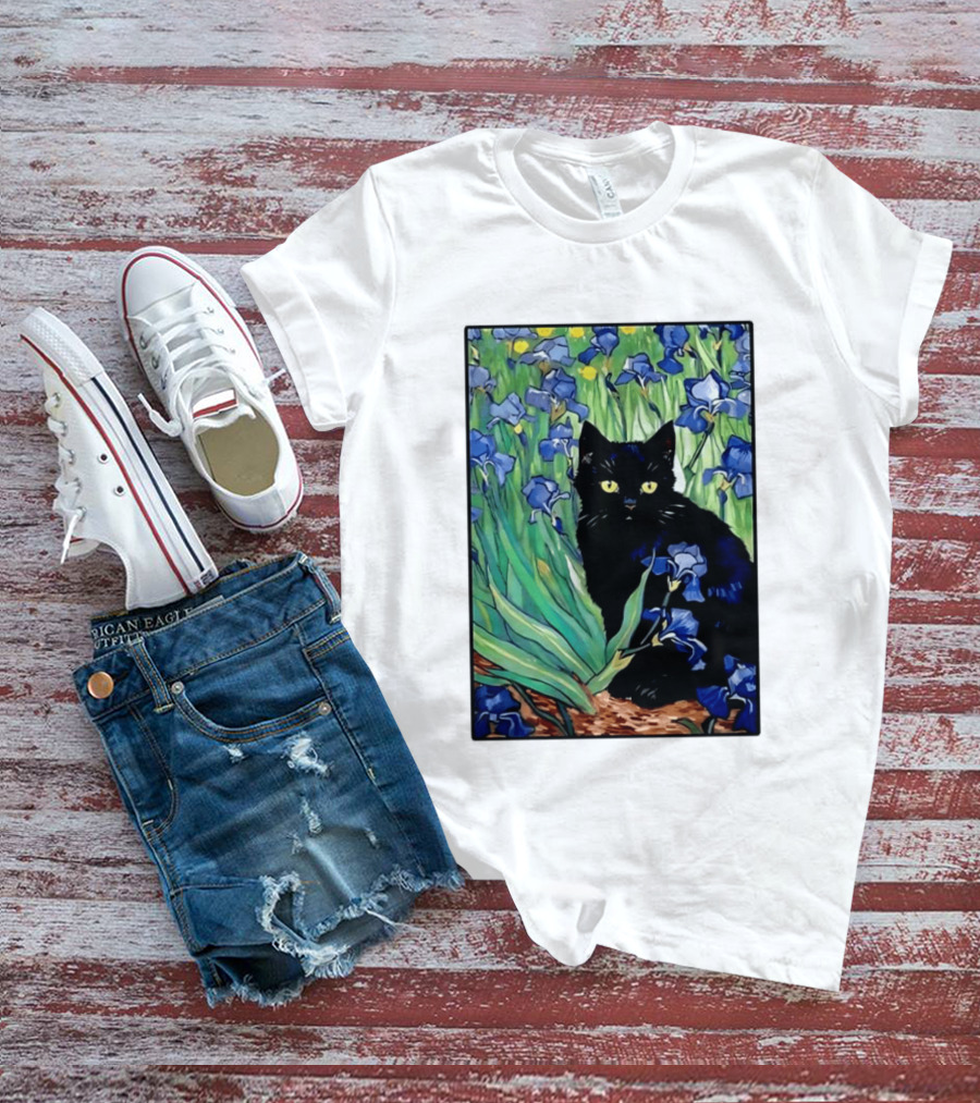 Black Cat With Van Gogh Irises Painting T-Shirt