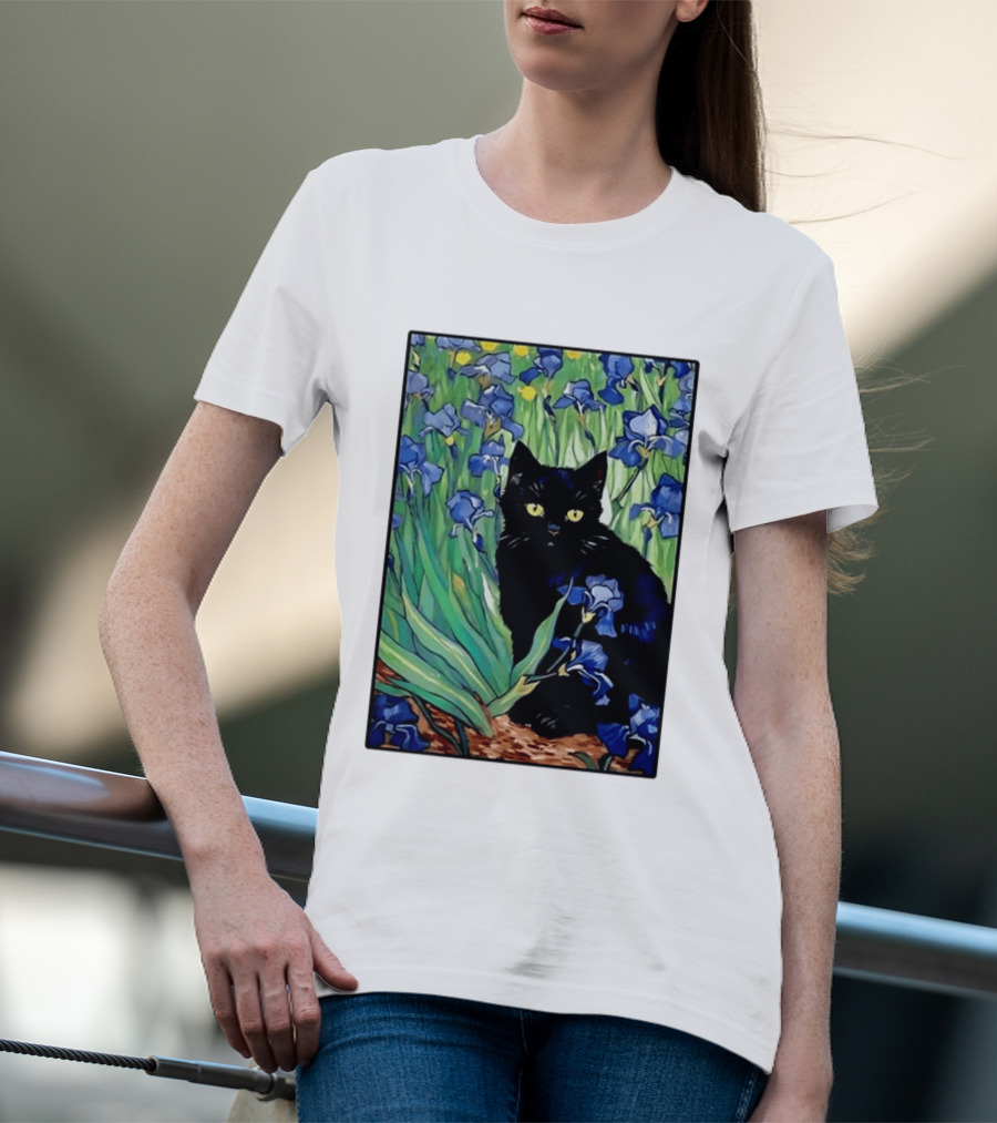Black Cat With Van Gogh Irises Painting T-Shirt