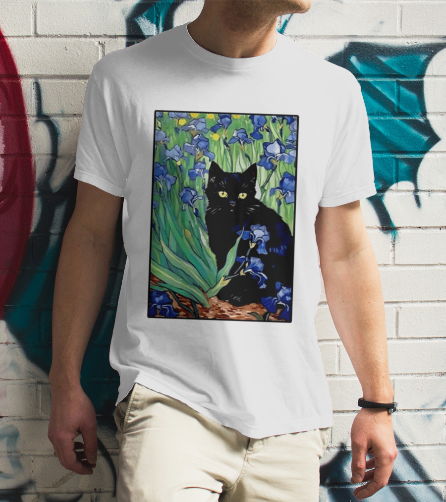 Black Cat With Van Gogh Irises Painting T-Shirt