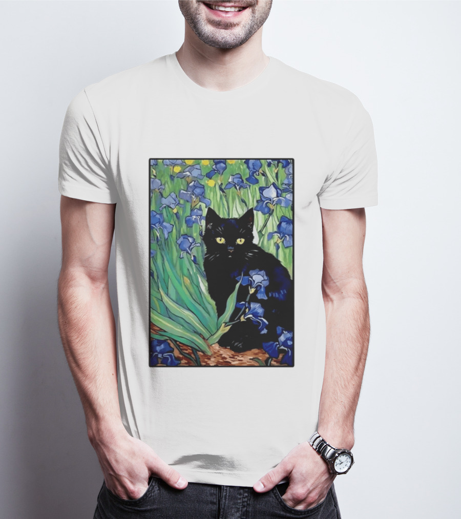 Black Cat With Van Gogh Irises Painting T-Shirt