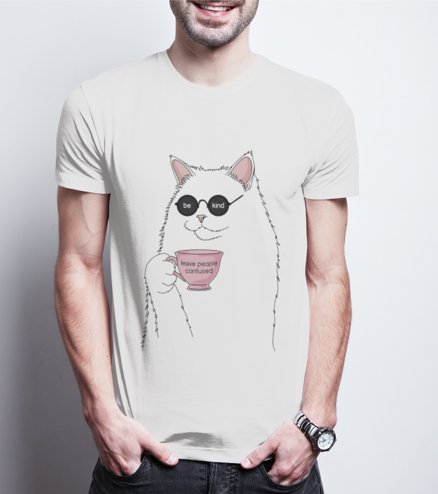 Cat With Sunglasses Holding 'Leave People Confused' Coffee Cup T-Shirt